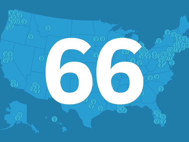 Map of United States with icons representing locations of JPF-supported community kitchens