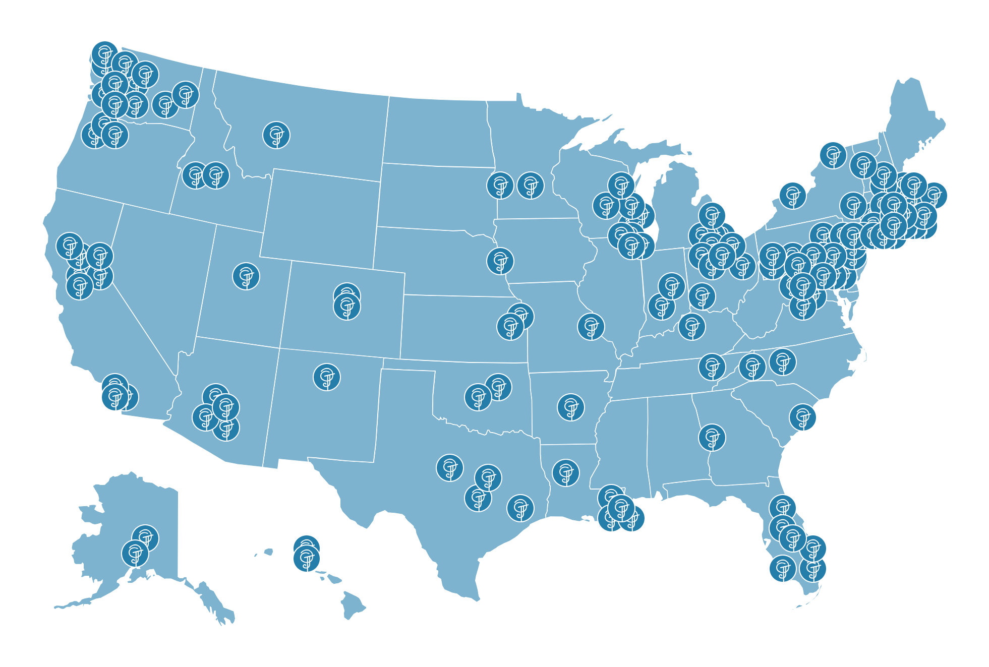 Map of the United States with points drawn to show impact of JPF efforts
