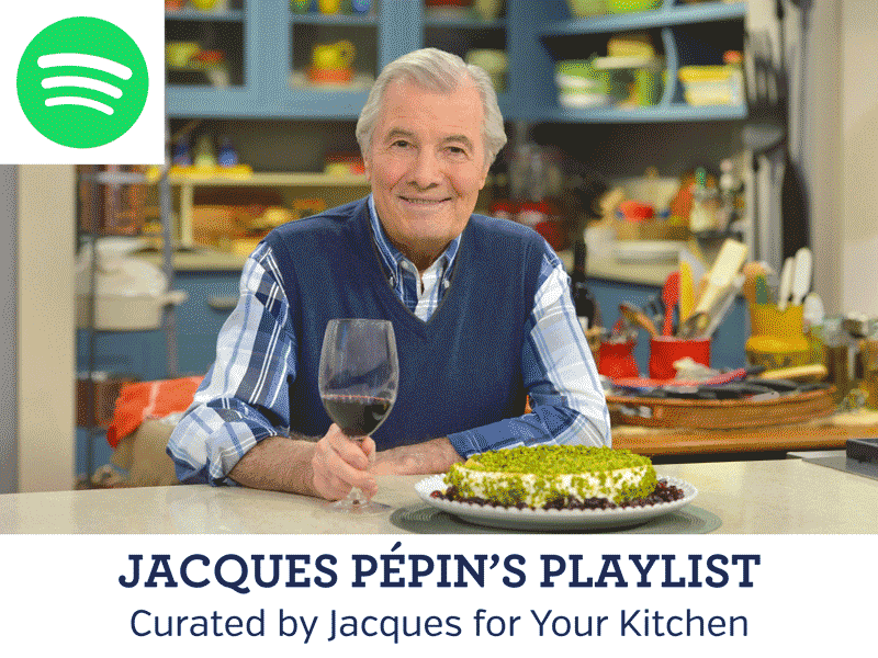 Image of Jacques P&eacute;pin with a Spotify logo