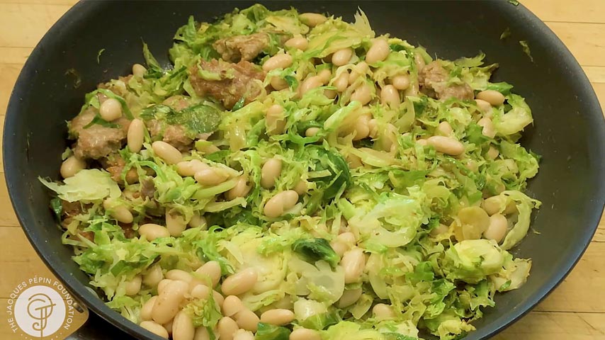 Medley of Brussels sprouts, sausage and white beans