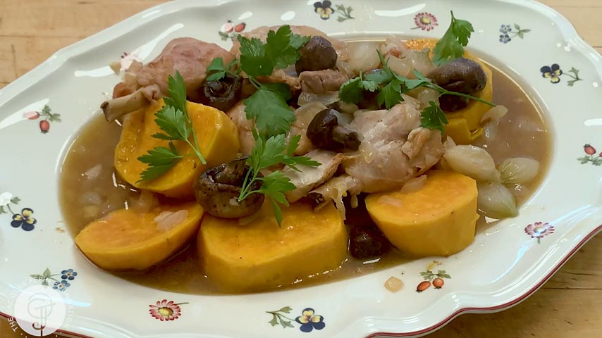 Chicken Legs with Yams, Pearl Onions and Mushrooms