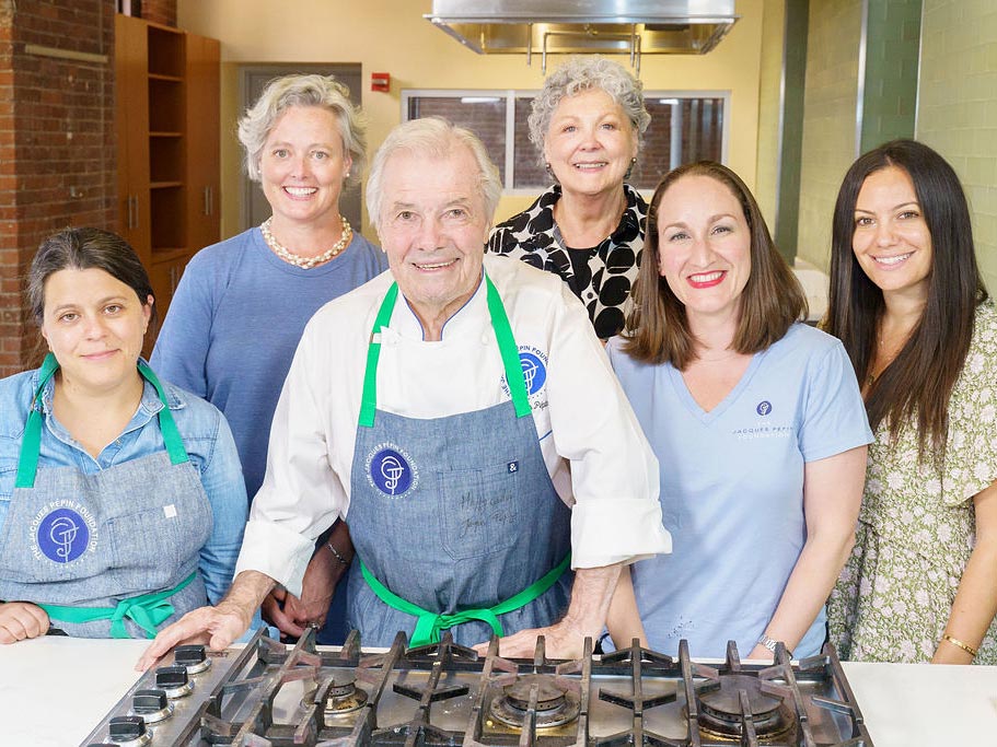 Jacques Pépin with members of the Jacques Pépin Foundation team (Kelsey Whitsett, Jennifer Quigley-Harris, Tina Salter, MArissa Ain and Juliana Pesavento)