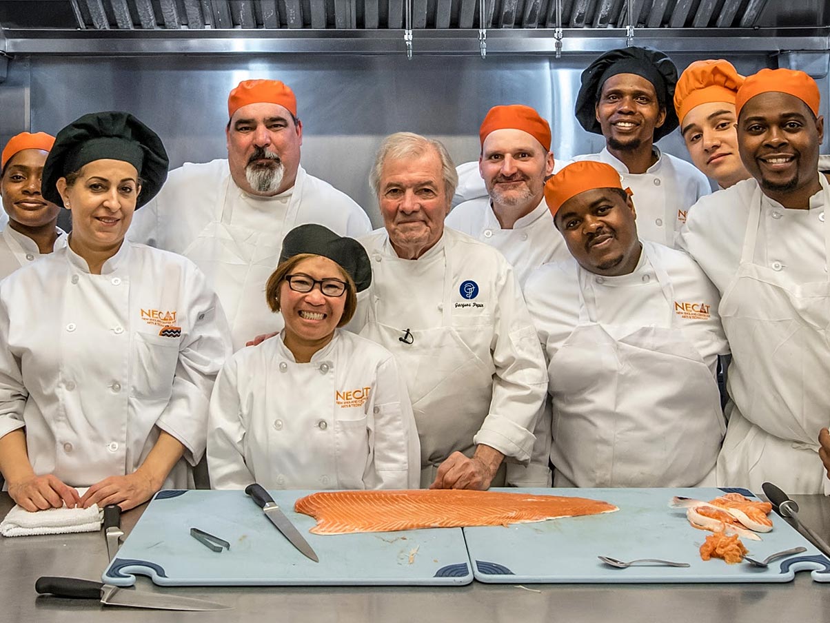 Jacques Pepin with culinary students from New England Center for Arts and Technology