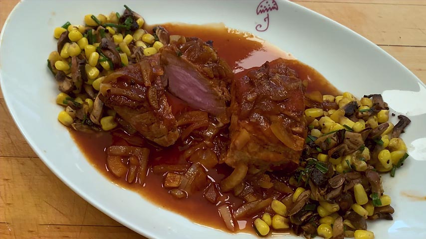 Pork Tenderloin with Mushrooms and Corn by Jacques Pepin