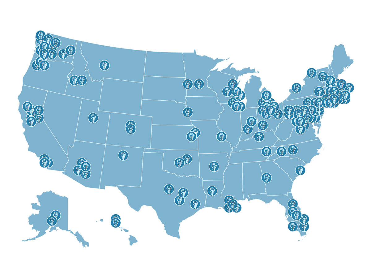 Map of the United States with icons identifying the location of kitchens supported by the JPF