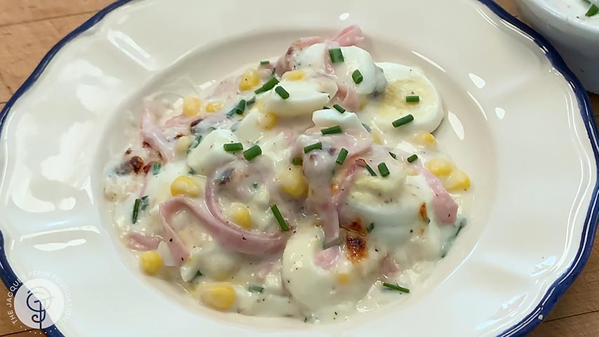 Gratin of Eggs with Ham and Corn