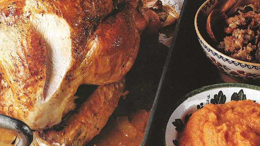 Roasted Turkey with Bread and Mushroom Stuffing